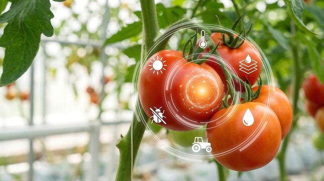 Precision Agriculture Smart Farming Technology Growing Tomatoes with Digital Data Analysis