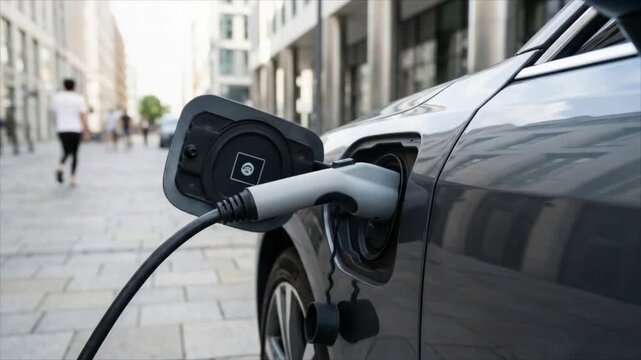 Man connects charging plug to electric car on street. Plug-in hybrid vehicle power supply concept. Sustainable transport technology and urban ecology initiative.