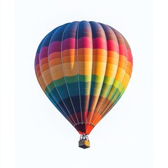 Fototapeta premium Vibrant rainbow hot air balloon with wicker basket floating alone against a pale sky, evoking joy, freedom and peaceful adventure