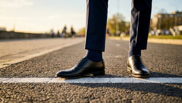 Low angle close up of a businessman in black leather shoes stepping forward on an asphalt road at sunset.