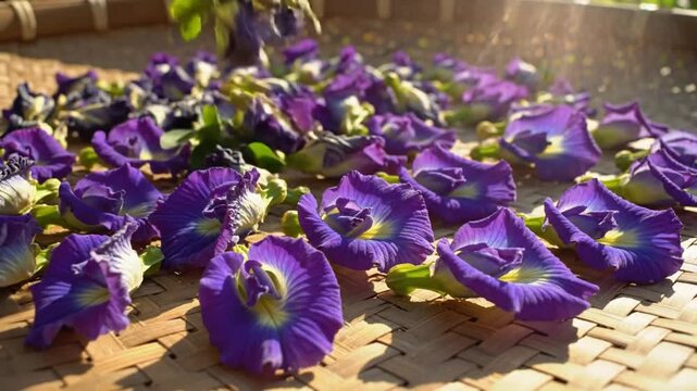 Bright purple butterfly pea flowers drying in sunlight on a woven bamboo tray, for herbal tea preparation.