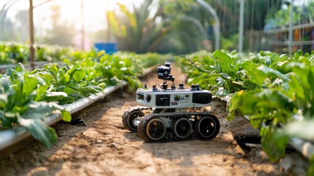 An autonomous robot navigating through a vibrant green vegetable patch inside of a greenhouse