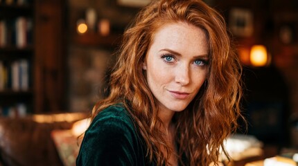 Obraz premium Captivating portrait of a confident woman in a cozy living room setting indoor lifestyle photography natural light