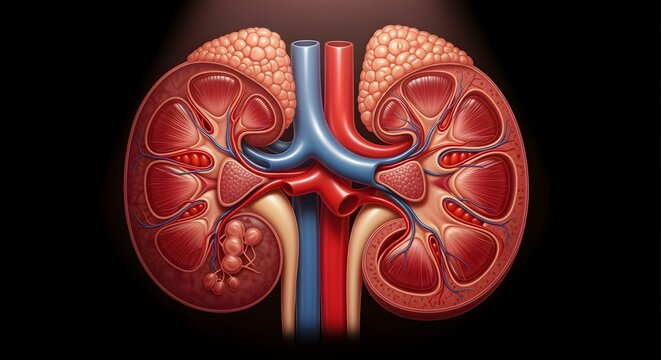 Detailed Anatomical Illustration of Human Kidney with Blood Vessels and Internal Structures.