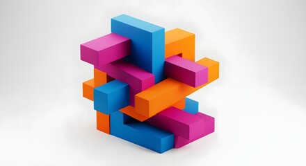 Obraz premium Colorful Wooden Puzzle - Interlocking Geometric Blocks in Vibrant Hues, Creative Design.