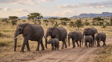 Fototapeta premium Elephants marching through serengeti wildlife event nature scene open terrain scenic view family dynamics