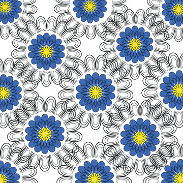 Blue daisy floral seamless pattern with yellow flower centers. Fresh decorative repeating background perfect for wallpaper, textiles, and wrapping paper.