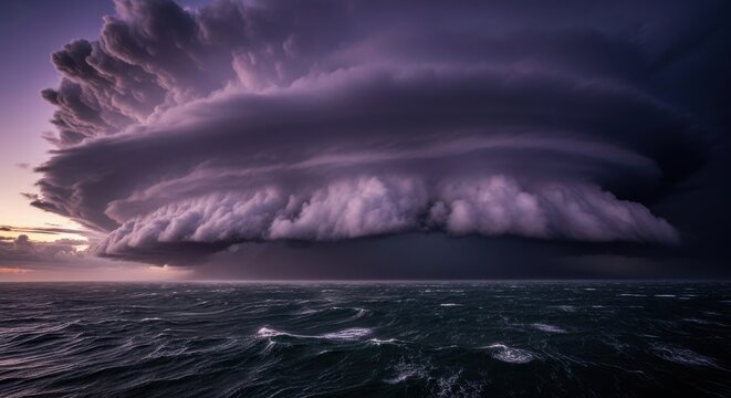 Monolithic bruised violet thunderheads loom over a turbulent ocean under a dramatic stormy sky