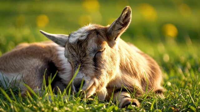 Baby goat resting peacefully in a meadow of fresh green grass on a sunny day with soft sunlight