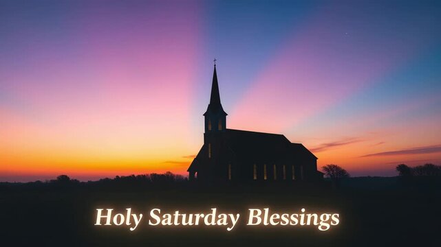 Silhouette of church against colorful sunset sky holy saturday blessings inspiring landscape 4K HD high quality video.
