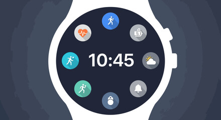 Obraz premium Modern Circular Smartwatch with Fitness Tracker Interface and Activity Icons, Dark Blue Background