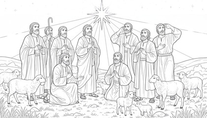Reverent Biblical Figures and Sheep Adoring Guiding Star Line Art. Christmas Nativity Coloring Page.