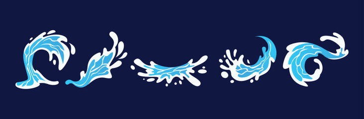 Water splash and wave set. Blue water splash and wave icons showing dynamic liquid motion, droplets and curls on dark background.