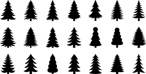 Fototapeta premium Pine tree silhouettes collection with evergreen forest tree shapes illustration set