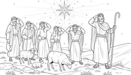 Obraz premium Awestruck Shepherds and Sheep Gaze at Bright Christmas Star in Night Sky Biblical Nativity Scene Holiday Coloring Page