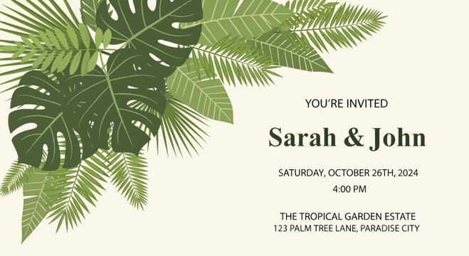 Tropical Leaves Wedding Invitation for Sarah and John.