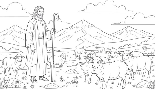Biblical Shepherd Leading Sheep In Peaceful Mountain Field Line Art For Children's Coloring Book