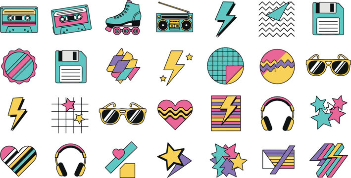 Retro 80s icons collection with cassette tape boombox roller skate sunglasses headphones and geometric shapes flat vector illustration