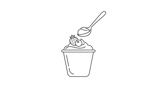 Line Art Icon of Yogurt or Dessert with Berries and Spoon, Healthy Breakfast or Snack