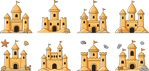 Obraz premium Sandcastle icons collection with beach sand castles, seashells and starfish, summer vacation seaside illustration set for kids design