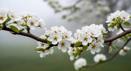 Obraz premium Pristine white pear tree blossoms emerge on a delicate branch signaling spring's arrival