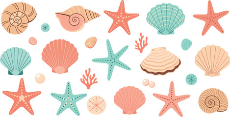 Seashells and starfish collection in pastel colors with ocean shells, sea stars and marine elements illustration set © MdNazmul