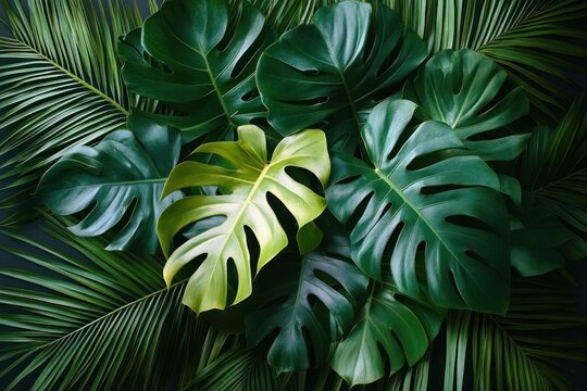 overlapping deep green monstera leaves and palm fronds conveying lush tropical calm and vibrant freshness