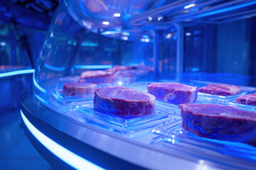 Futuristic butcher display steak showcase neon blue lighting chilled meat presentation appetizing