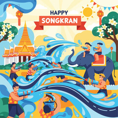 Festive illustration celebrating a water festival with people and an elephant