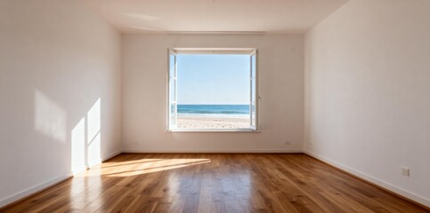 Fototapeta premium Bright Empty Room with Ocean View from Window