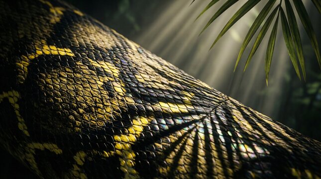 Close up of yellow and black snake skin texture with palm leaf shadows