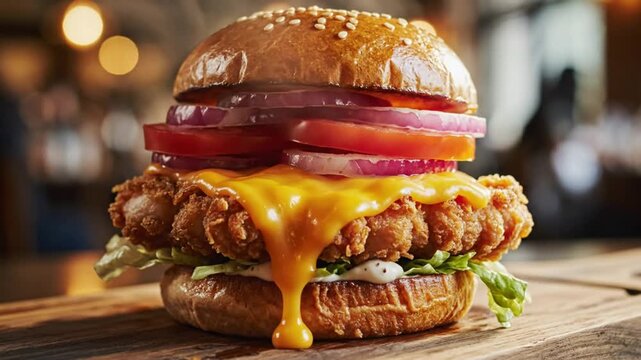 Delicious fried chicken sandwich with melted cheese, tomato, and red onion on a sesame seed bun served on wooden board