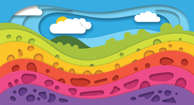 Colorful, layered landscape with a vibrant rainbow of hills and sky