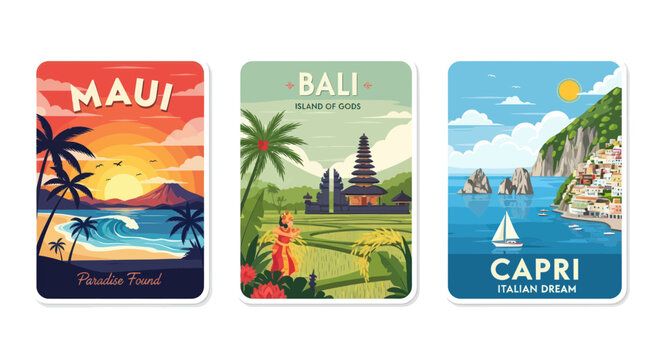 Vintage Travel Postcards: Maui, Bali, Capri - Tropical Paradise Destinations