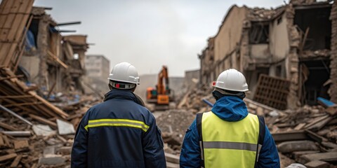 Fototapeta premium Dangerous Storm Two construction workers in safety gear oversee demolition at a rubble-strewn site with heavy machinery in the background.