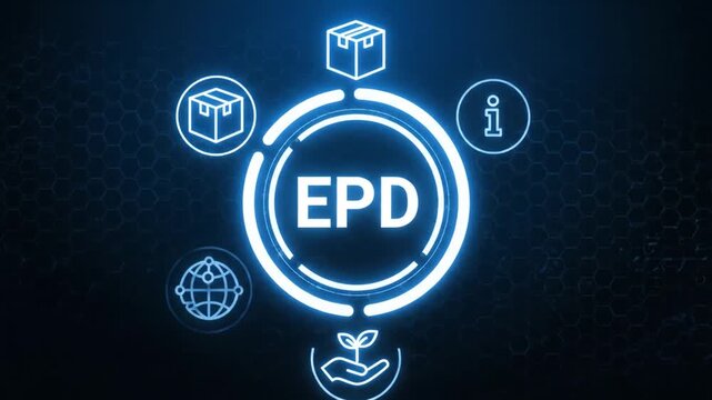 EPD acronym, environmental product declaration concept, documents that communicate the environmental performance of a product throughout its life cycle  4k video 
