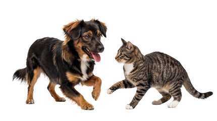 Fototapeta premium Joyful black and tan dog and a playful tabby cat engaging in a lively interaction.