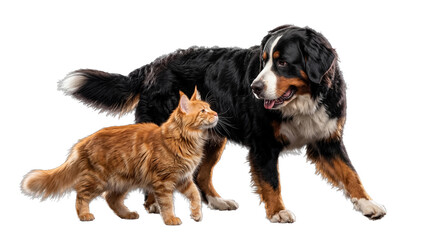 Bernese mountain dog and ginger Maine Coon cat walking together, transparent cutout.