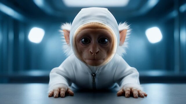 Cute Baby Monkey Astronaut in White Suit Exploring Futuristic Space Station