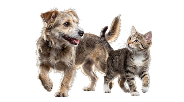 A friendly shaggy mixed-breed dog and a tabby kitten walking playfully together, isolated on transparent background.