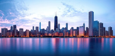 Obraz premium serene urban skyline at twilight with illuminated skyscrapers reflecting on calm waterfront and pastel sky