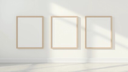 Three empty photo frame for mockup in empty white room, 3D render, 3D illustration