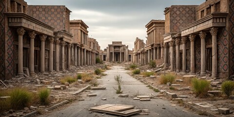 Obraz premium Dangerous Storm Ancient stone ruins with ornate columns and patterned walls under a cloudy sky, surrounded by scattered debris and sparse vegetation.