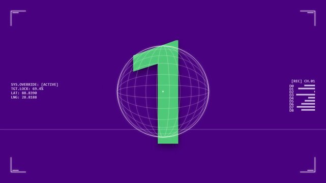 Digital colorful countdown timer on a purple HUD interface background