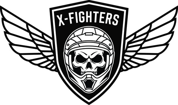 Black Skull Pilot Helmet Logo with Wings and Shield for Gaming or Sports Team Branding