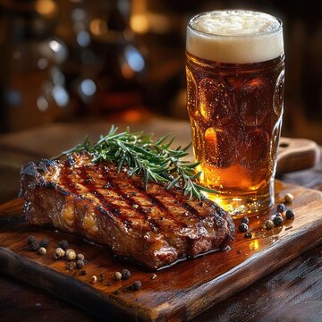 Grilled steak with rosemary sprig and scattered peppercorns on a wooden board beside a frothy pint of amber beer, warm rustic scene conveying hearty mouthwatering satisfaction