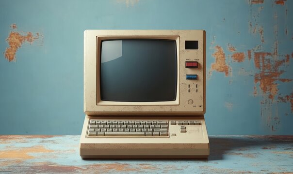 nostalgic vintage beige computer with crt monitor and integrated keyboard on worn turquoise table against peeling rusted wall