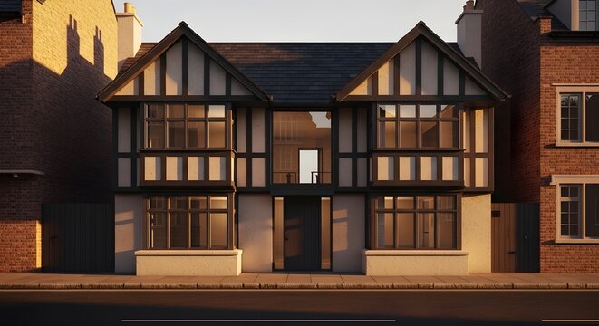 Tudor Style House Exterior at Sunset - Architectural Render