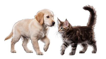 Obraz premium Gentle interaction between a walking golden retriever puppy and a curious Maine Coon kitten, transparent background.