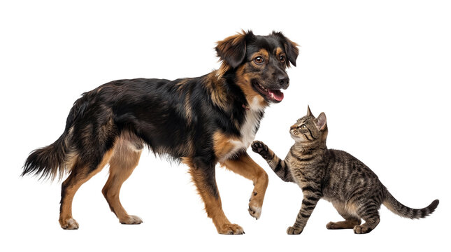 Playful black and tan dog and an inquisitive tabby cat engaging in a moment of gentle interaction on transparent.